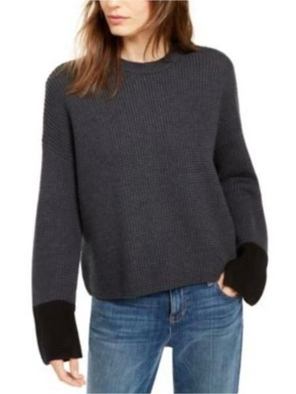 Eileen Fisher Womens XS Charcoal‎ Colorblock Merino Wool Sweater